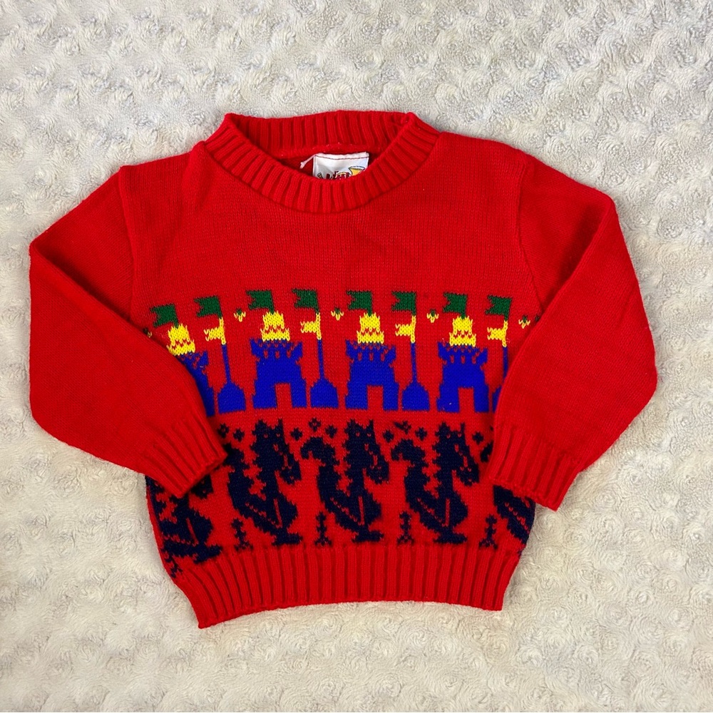 Vintage 80’s 90’s Little Funky Sweater Castle Dragon Red Blue Primary Colors